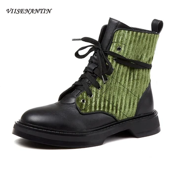 

Fashion Women's Leather Stitching Velvet Retro Lace-up Motorcycle Boots Round Toe Flat Bottom All-match Ankle Boots Botas Mujer
