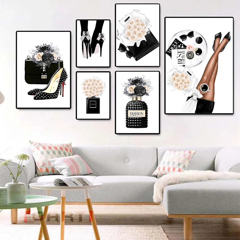 Perfume High Heels Rose Flower Bag Girl Wall Art Canvas Painting Nordic Posters And Prints Wall Pictures For Living Room Decor
