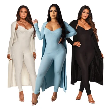 

Women Two Piece Summer Fall Suits Sleeveless Skinny Jumpsuits and Open Stitch Cardigans Set