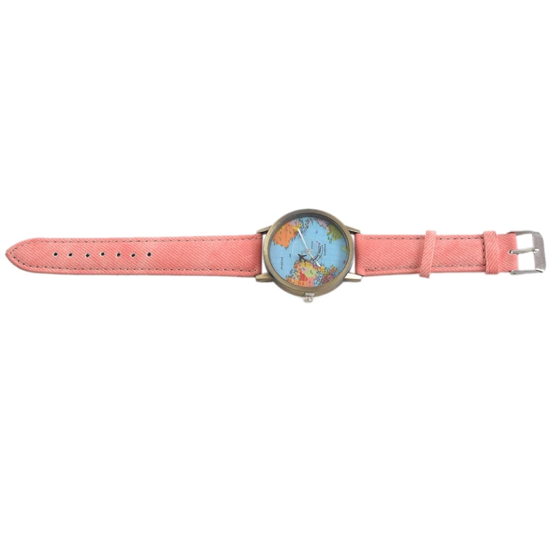 

New Plane World Map Pattern Travel Watches Denim Quartz Watch Cusual Dress Watch Colour:Pink
