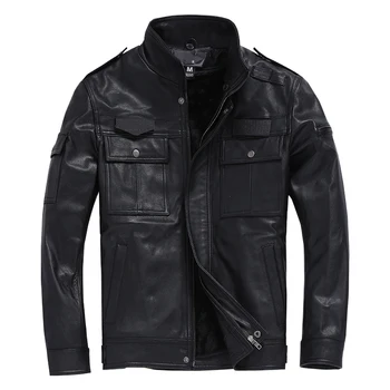 

Free shipping.Plus size Brand classic men goatskin slim Jacket,men's motor genuine Leather safari style jacket.sales Detachable
