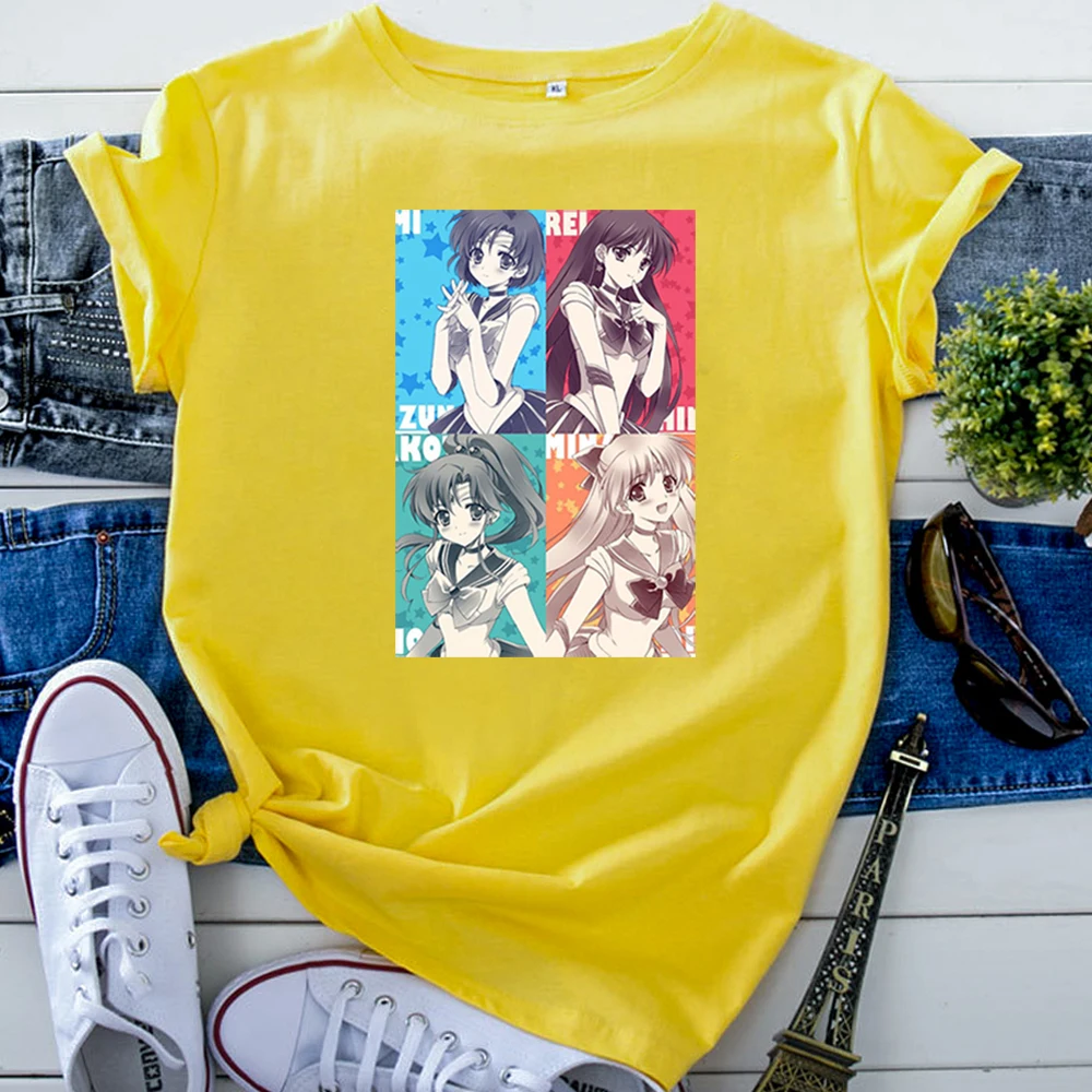 Sailor Moon Images Finished Printing Tshirts For Woman Solid Color Harajuku Women T Shirts Japanese Anime Short Sleeve Tops