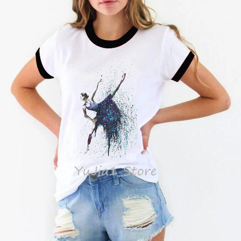 Ropa mujer Акварельная балетная футболка для девочек Женская модная Винтажная Футболка camiseta mujer kawaii одежда белая женская футболка Топ - Цвет: 82140 B