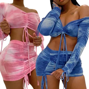 

Tie-die Two Piece Skirt Set Women Sexy Drawstring Strapless Crop Top + Mini Skirt 2 Piece Set Club Outfits Bodycon Matching Sets
