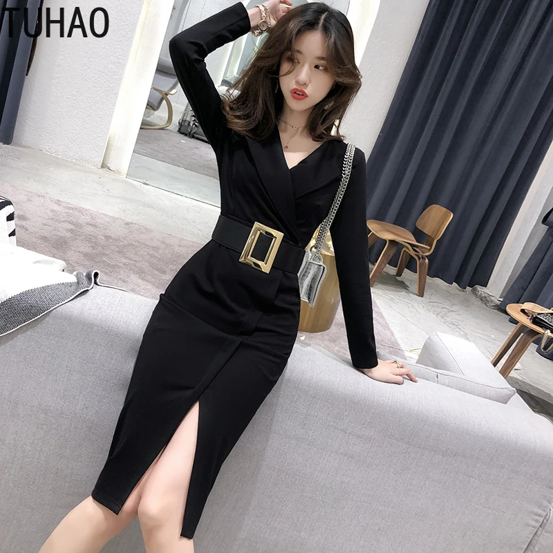 TUHAO Good Quality Black Elegant Office Lady Dress Autumn Winter Split Pencil Long Sleeve Women Dresses WM12 | Женская одежда