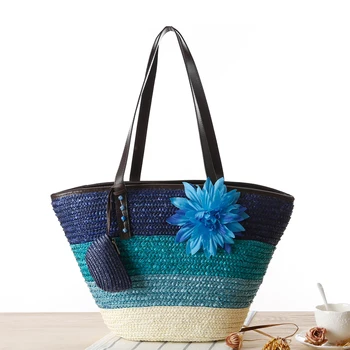 

Seaside Color Stripe Flower Beach Bag, Colorful Mother And Child Straw Woven Bag Tote Women Sling Bags