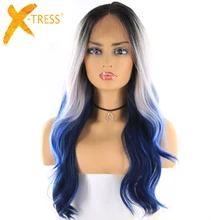 Платиновый синий Омбре цветной синтетический парик парики для черных женщин X-TRESS длинные волнистые кружева спереди парик бесплатно/средняя часть с волосами младенца