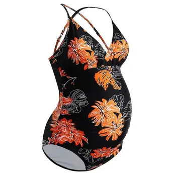 

Floral Printed Halter Deep V neck Summer Maternity Swimsuit One Pieces Sexy Hot for Pregnant Women Plus Size Pregnancy Swimwear