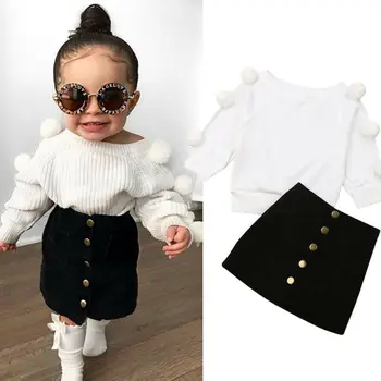 

Kids Clothes Toddler Baby Girls Winter warm Knitted White Sweater Tops + Black Button Short Skirt Toddlers Outfits 2pcs Sets