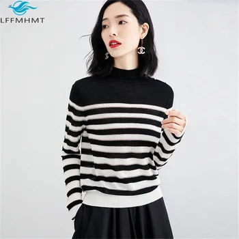 

Women‘s Spring Autumn European Style Half Turtleneck Striped Long Sleeve Knitting Sweater Office Lady High Quality Slim Knitwear