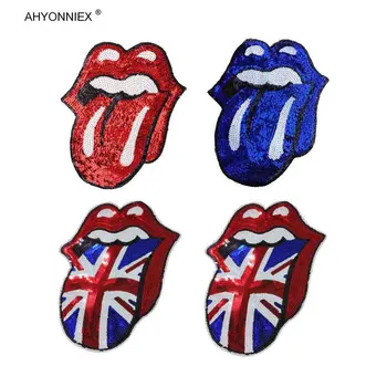 

AHYONNIEX Handmade Sequined cartoon Big tongue embroidery cloth patches sew on applique mouth sticker bags decoration diy patch
