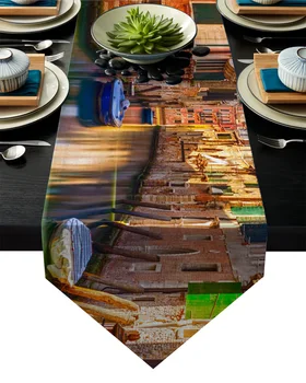 

River Boat Travel Water City Building Table Runner Table Flag Home Party Decorative Tablecloth Table Runners for Wedding