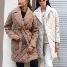 Women's Winter Coats Lapel Mid-length Cotton Jackets Autumn and Winter 2021 New Waist Pocket Parker Coat