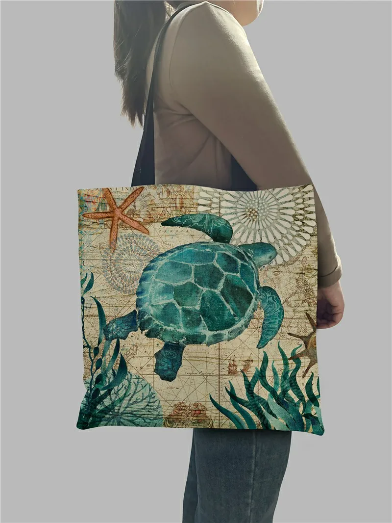 Customize Tote Bag Seahorse Turtle Octopus Pattern Traveling Shoulder Bags Eco L