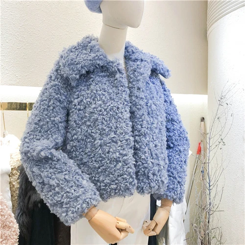 blue Зимние женские короткие куртки размера плюс, свободные куртки из искусственного меха с отложным воротником, пальто из искусственного меха ягненка w2060 - Цвет: blue