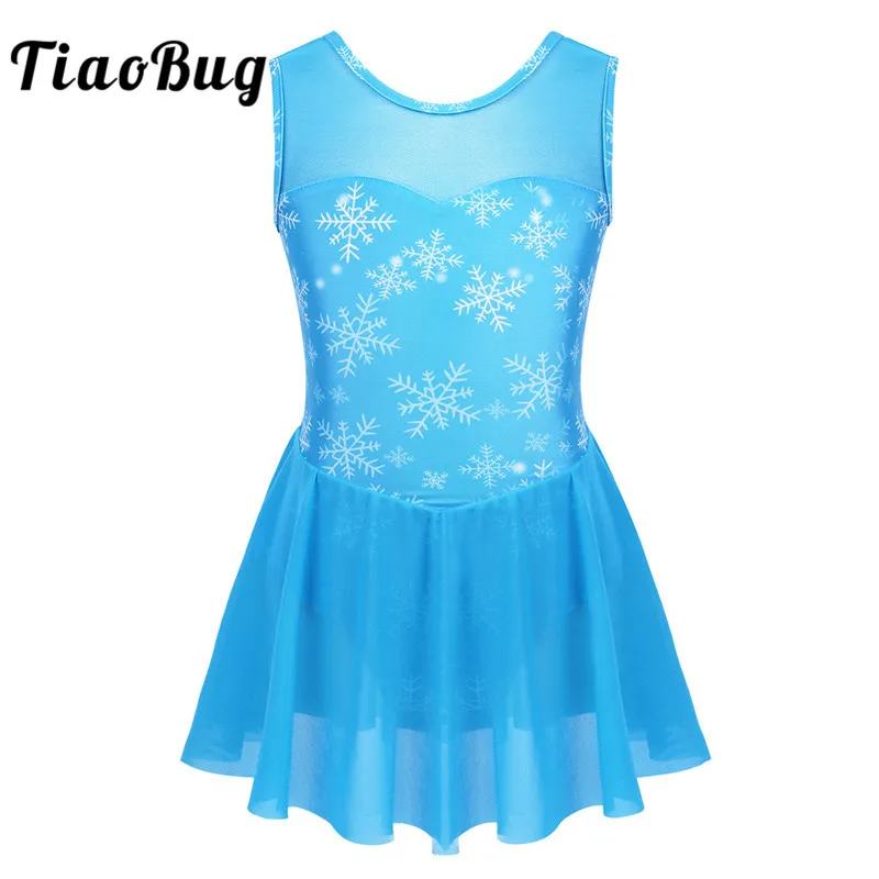 Tiaobug Kids Girls Ballet Gymnastics Leotard Figure Skating Dress Sky Blue Sleeveless Mesh