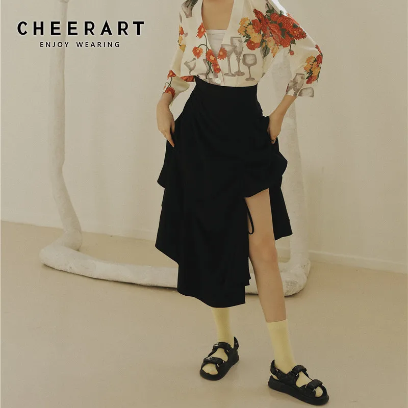 CHEERART Асимметричная Женская юбка с высокой талией 2020 черная длинная летняя