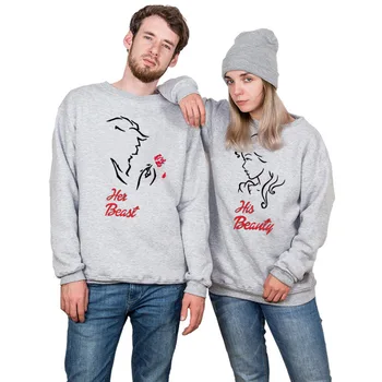 

Enjoythespirit Beast and Beauty Couple Sweatshirt Rose Printed Pullover Grey Leisure Women Hoodies Streetwear Clothes for Lover