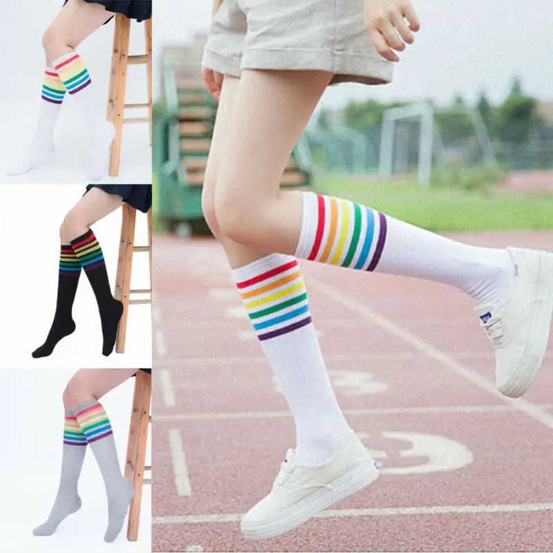 

Casual Autumn Winter Colorful Striped Cotton Girl Middle Tube Hosiery Fashion Women`s Over The Knee Long Socks Knitted Stocking