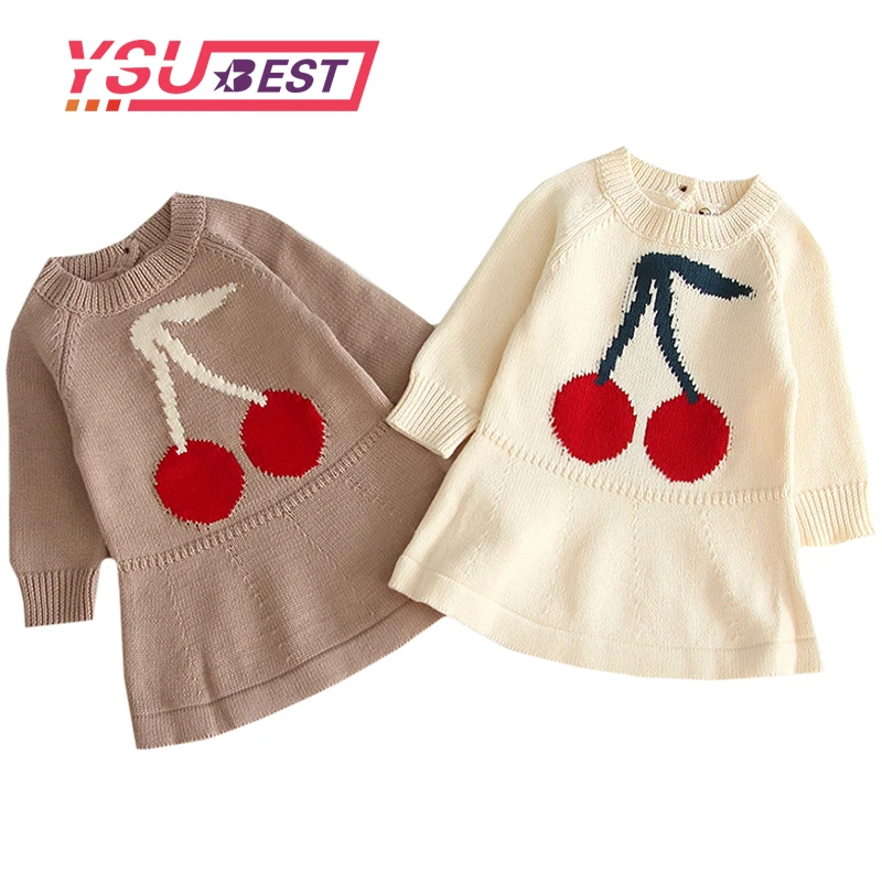 Платья для малышей; одежда с рисунком вишни; вязаное платье для девочек; сезон осень-зима; детское платье для малышей; теплое Хлопковое платье принцессы для девочек