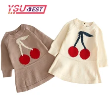 Платья для малышей; одежда с рисунком вишни; вязаное платье для девочек; сезон осень-зима; детское платье для малышей; теплое Хлопковое платье принцессы для девочек