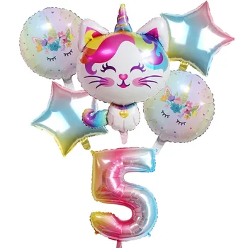 

6pcs Rainbow Unicorn Cat Foil balloon 32inch Gradient color Number ballon Birthday Wedding Party Decoration supplies Baby Shower