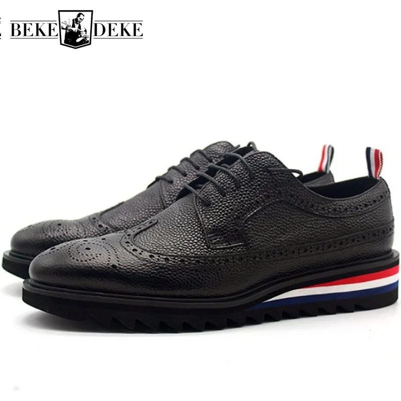 

2022 Mens Formal Cowhide Genuine Leather Shoes Antiskid Platform Lace Up Derby Shoes Wing Tip Brogue Groom Wedding Dress Shoes