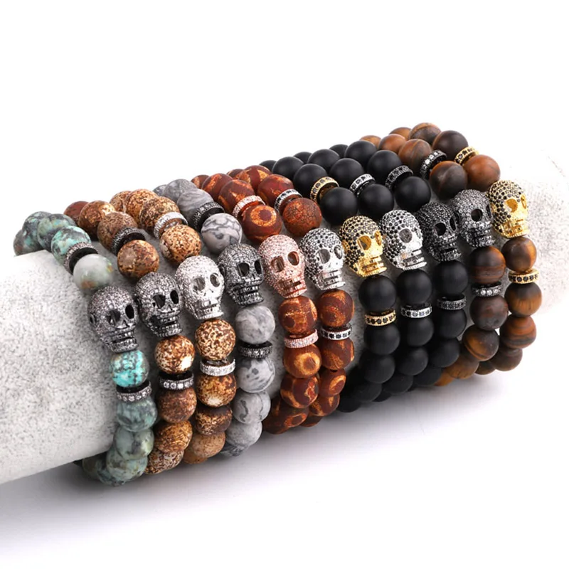 New Men Bracelet Big CZ Skull Charm Natural Stone Beads Stretch Bracelet Men Large Bracelet - Image 6
