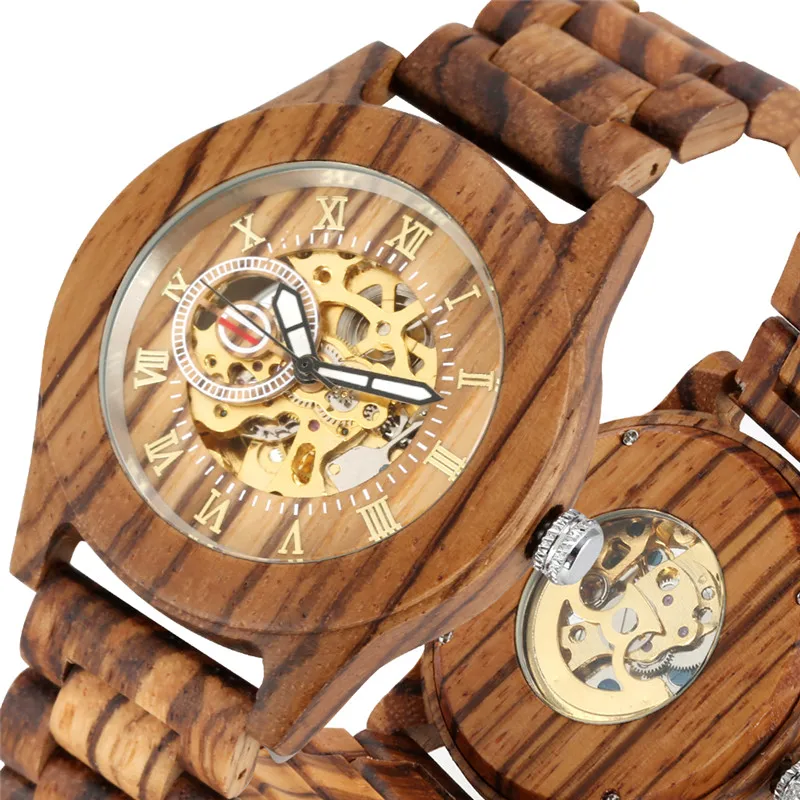 100% Handmade Wooden Watch Men's Bamboo Wristwatch Automatic Mechanical Skeleton Watches Roman Numeral Timepiece Wooden Strap