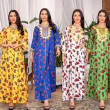 

Eid Mubarak Dubai Muslim Abaya Dress for Women Floral Print Turkish Islamic Jalabiya African Boubou Dress Caftan Marocain Robe