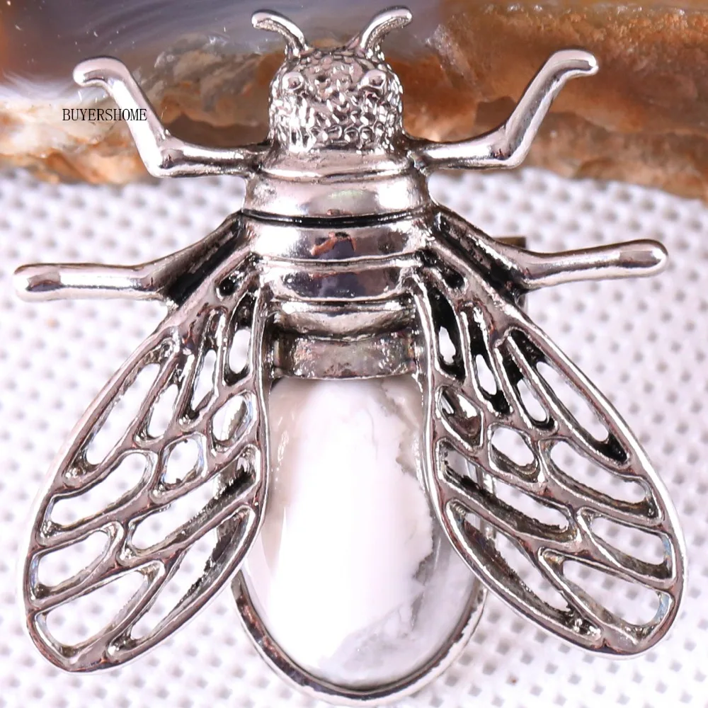 1Pcs Silver Cicada Brooch Natural Stone Pendant Howlite Rhodonite Carnelian Onyx Bead for Men Women DIY Jewelry Making