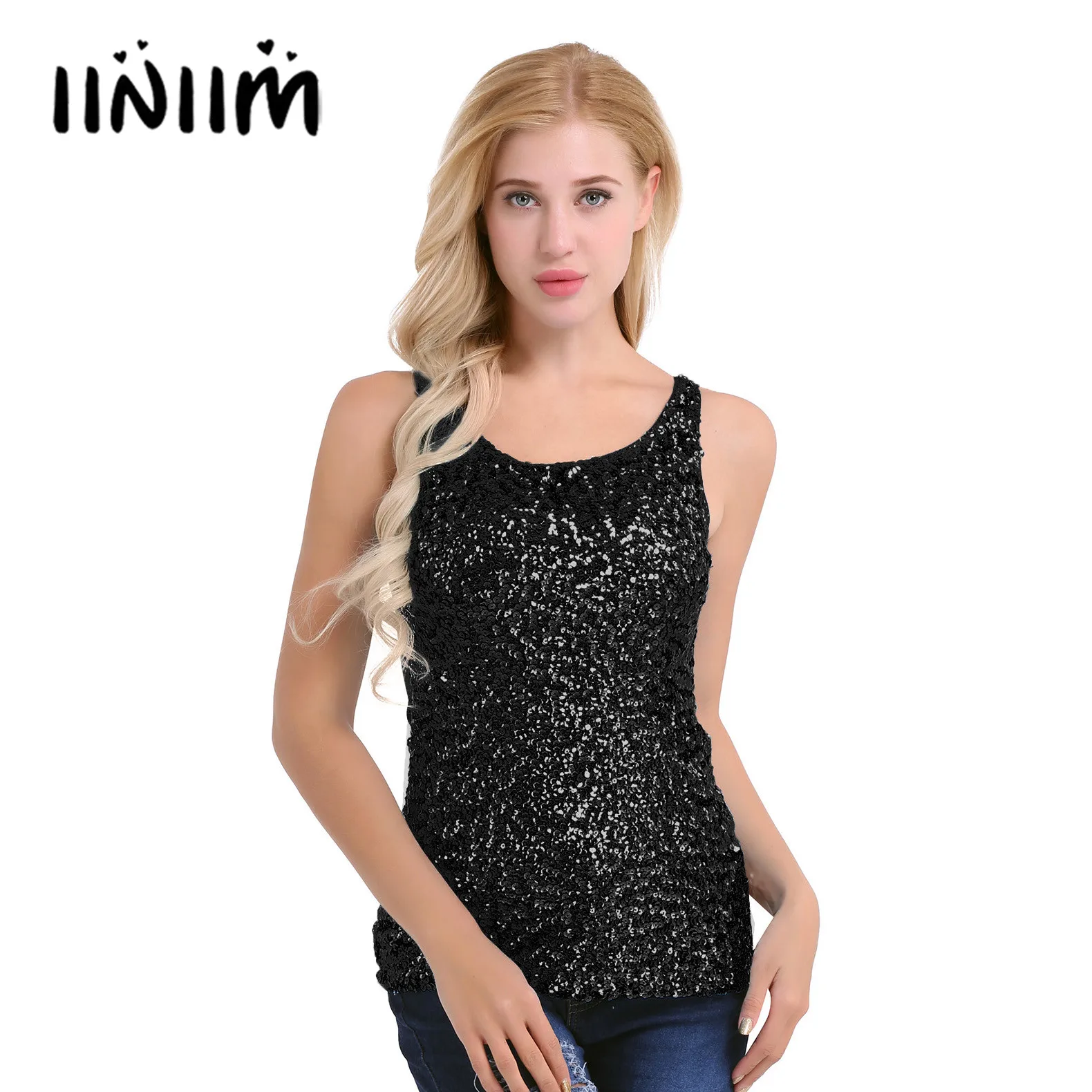 iiniimWomensFashionShineGlitterSequinTankTopsEmbellished