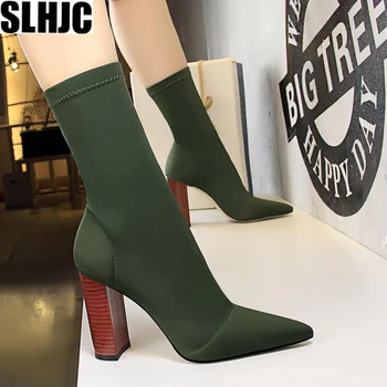 

SLHJC 2019 Autumn Boots High Stiletto Heels Pointed Toe Sock Boots Lycra Fabric Elastic 10 CM Female Pumps Shoes
