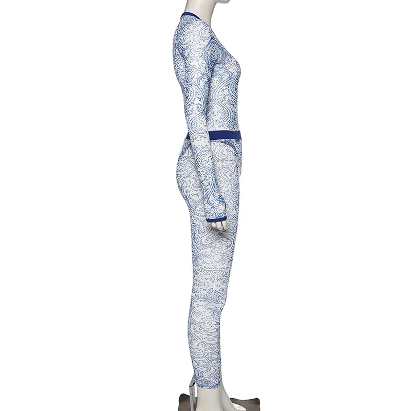 BOOFEENAA/комплект из двух предметов: боди с длинными рукавами и штаны с синим принтом, обтягивающие наряды C87-AB40