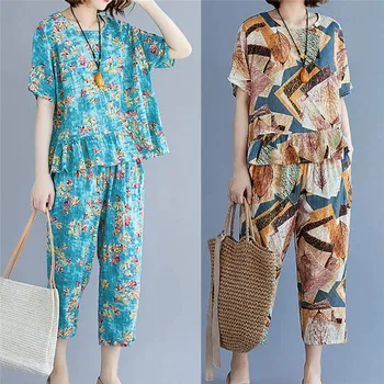 

New Casual Pajamas Sets Women O-Neck Short Sleeve Long Sleepwear Pants Suit Comfy Home Loose Printed Nightwear Set