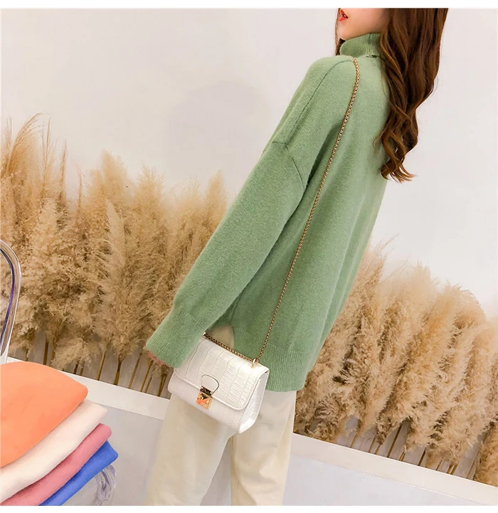 PEONFLY зимний свободный негабаритный свитер с высоким воротом женский теплый вязаный пуловер с длинными рукавами джемпер женский зеленый свитер женский