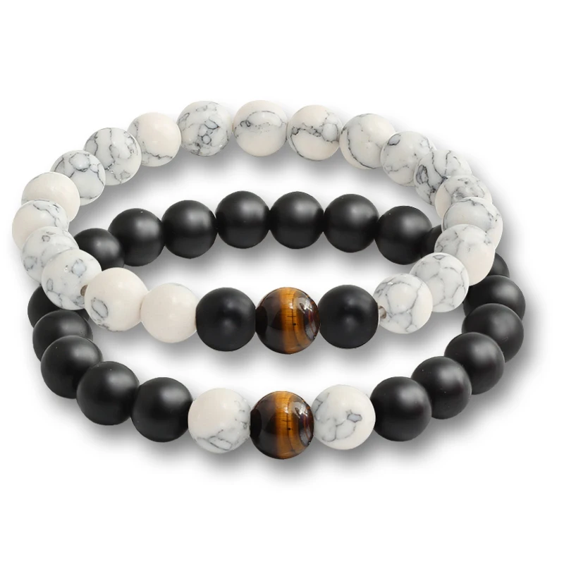 2pcs/set Bead Bracelet Natural Tiger Stone Charm Onyx Beaded Couple Distance Bracelets for Women Men Friend Gift Stretch Jewelry