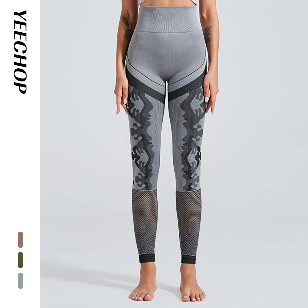 

Yeechop Women Camo Mesh Scrunch Booty Vital Seamless Leggings High Waist Tights Stretchy Breathable Workout Gym Yoga Pants