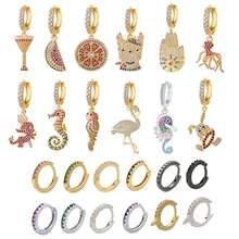 Kolczyki małe kółka kobiet CZ Flamingo konik morski pies diabeł arbuz Octopus papuga cytryny koktajl Rainbow biżuteria złoty kolor dla dzieci(China)
