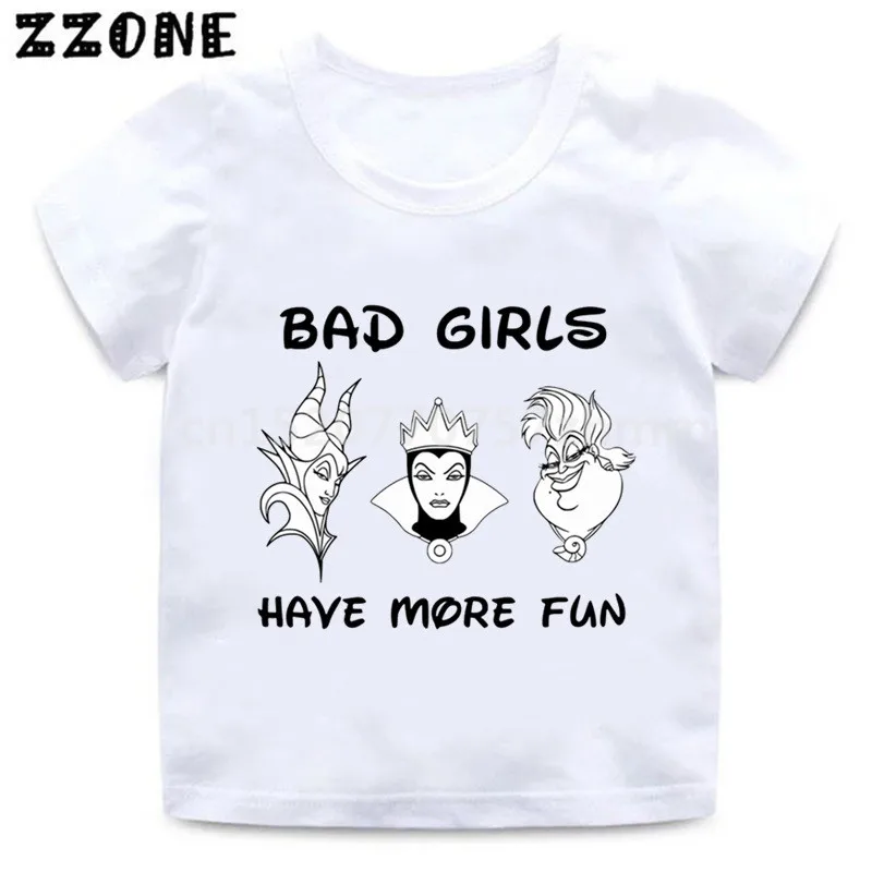 Детская футболка с героями мультфильмов «Bad Girl Have More Fun Squad», «Злодей», «Maleficent», «злая королева», Детская забавная одежда, Детская футболка, HKP5298 - Цвет: whiteC