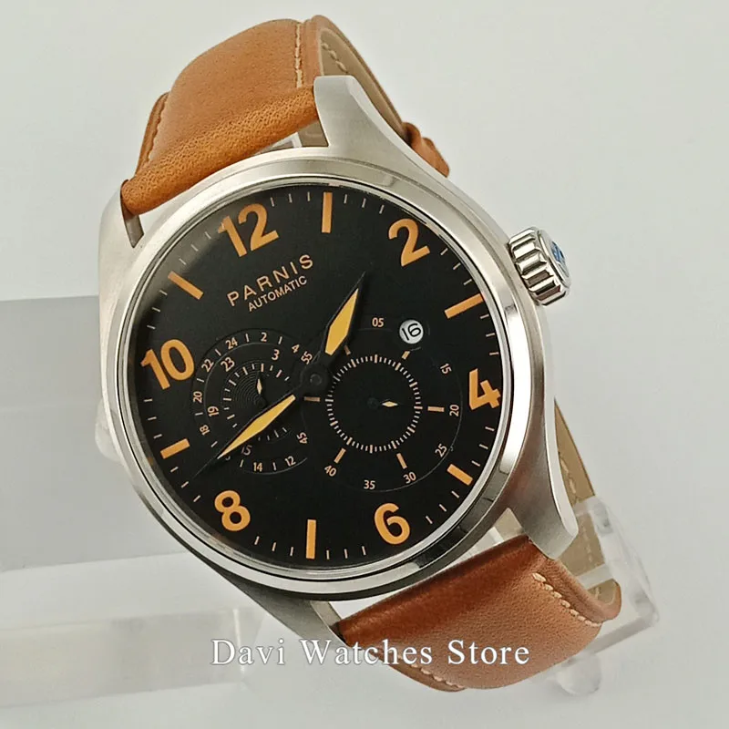 Parnis наручные часы мужские 44 мм черный циферблат белый/оранжевый метки 21 jewels miyota Дата автоматические часы