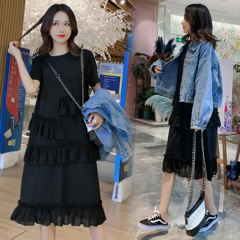 

Pregnant Women Autumn Set Loose-Fit Long Sleeve Short Jeans Coat Tops + Gauze Joint Irregular Dress Spring