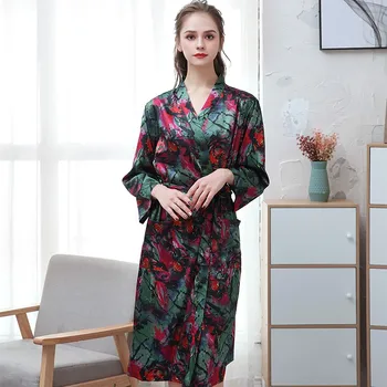 

New Women Satin Robe Print Kimono Gown Soft Silky Sleepwear Female Casual Bathrobe Gown Loose Intimate Lingerie Home Wear 3XL