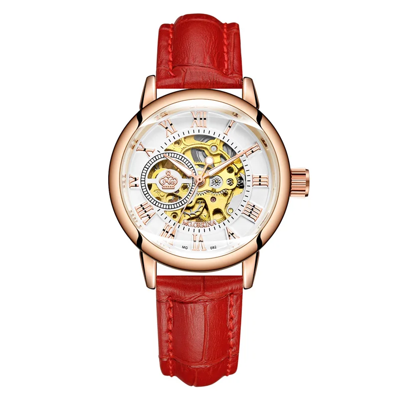 Orkina женские римские часы с дисплеем Топ бренд класса люкс дизайн розовое золото Скелет Прозрачный корпус автоматические механические часы - Цвет: red rose white