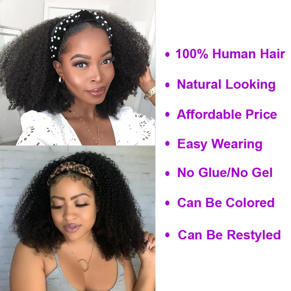 Curly Headband Wig Human Hair Wig Glueless No Gel Remy Brazilain Curly Human Hair Wigs Women Full Machine Made Scarf human hair wigs