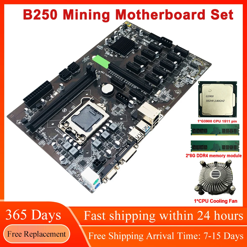 Набор материнской платы B250 для майнинга ЦП G3900 LGA 1151 Kit 4/8G DDR4 12 PCIE x1 x16 графическая
