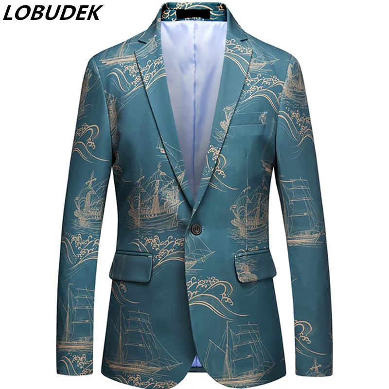 

European Style Oversize Blue Fashion Pattern Blazer Stylish Slim Fit Printed Casual Coat Prom Host Stage Nightclub Suit Jacket