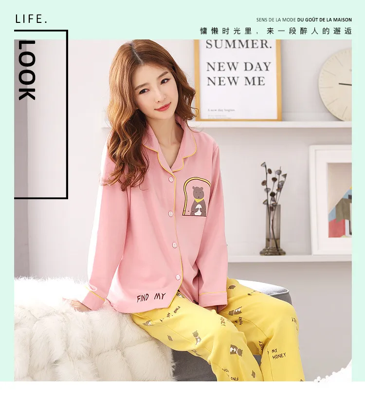 New Women Pajamas Sets Cotton Long Sleeve Autumn Winter Sleepwear Cute Ladies Girl Pijamas Mujer Adult Home Clothes