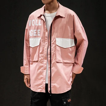 

High Quality Pink Oversize Patchwork Zipper Big Pocket Laple Tops New Fashion Windbreaker Autumn Men Loose Jackets OversizeM-5XL