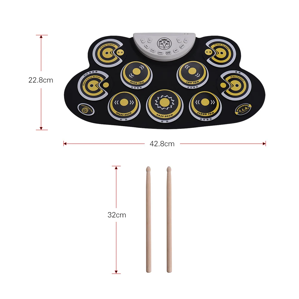 Портативный электронный барабанный коврик, силиконовая барабанная установка с барабанными палочками, педали для ног, мультипликационный дизайн, цифровой барабан для начинающих